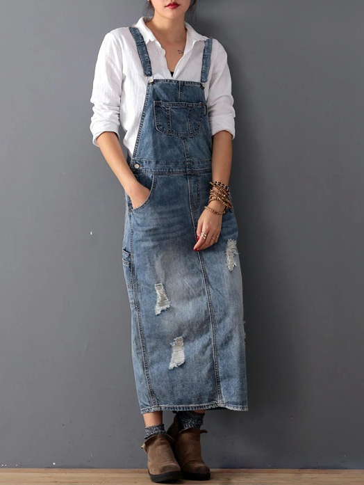 Midiross Ripped Denim Overall Dress