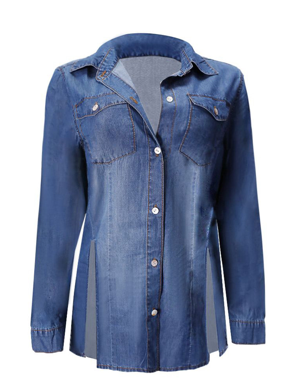 Button Up Roll Tab Sleeve Split Hem Denim Shirt