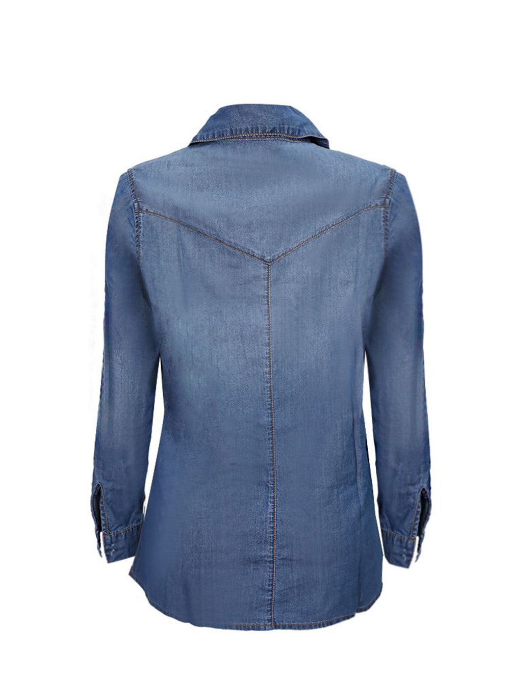Button Up Roll Tab Sleeve Split Hem Denim Shirt