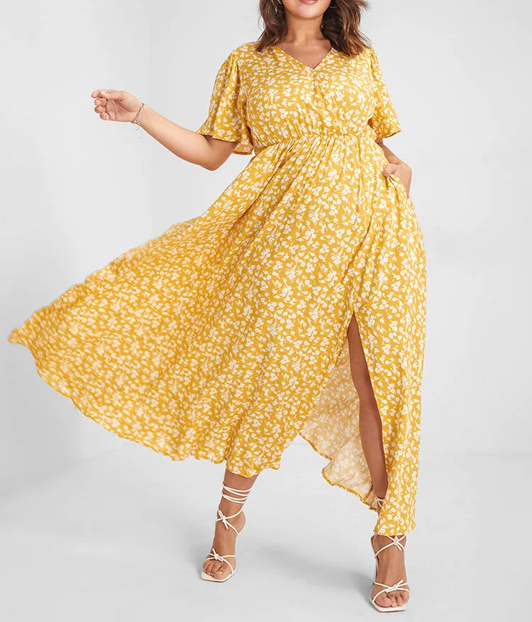 FLUTTER SLEEVE DITSY FLORAL SPLIT MAXI DRESS