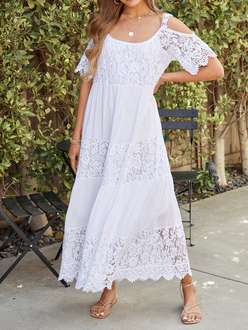 Lace Floral Stitching Off The Shoulder Maxi Dress-Pink Laura