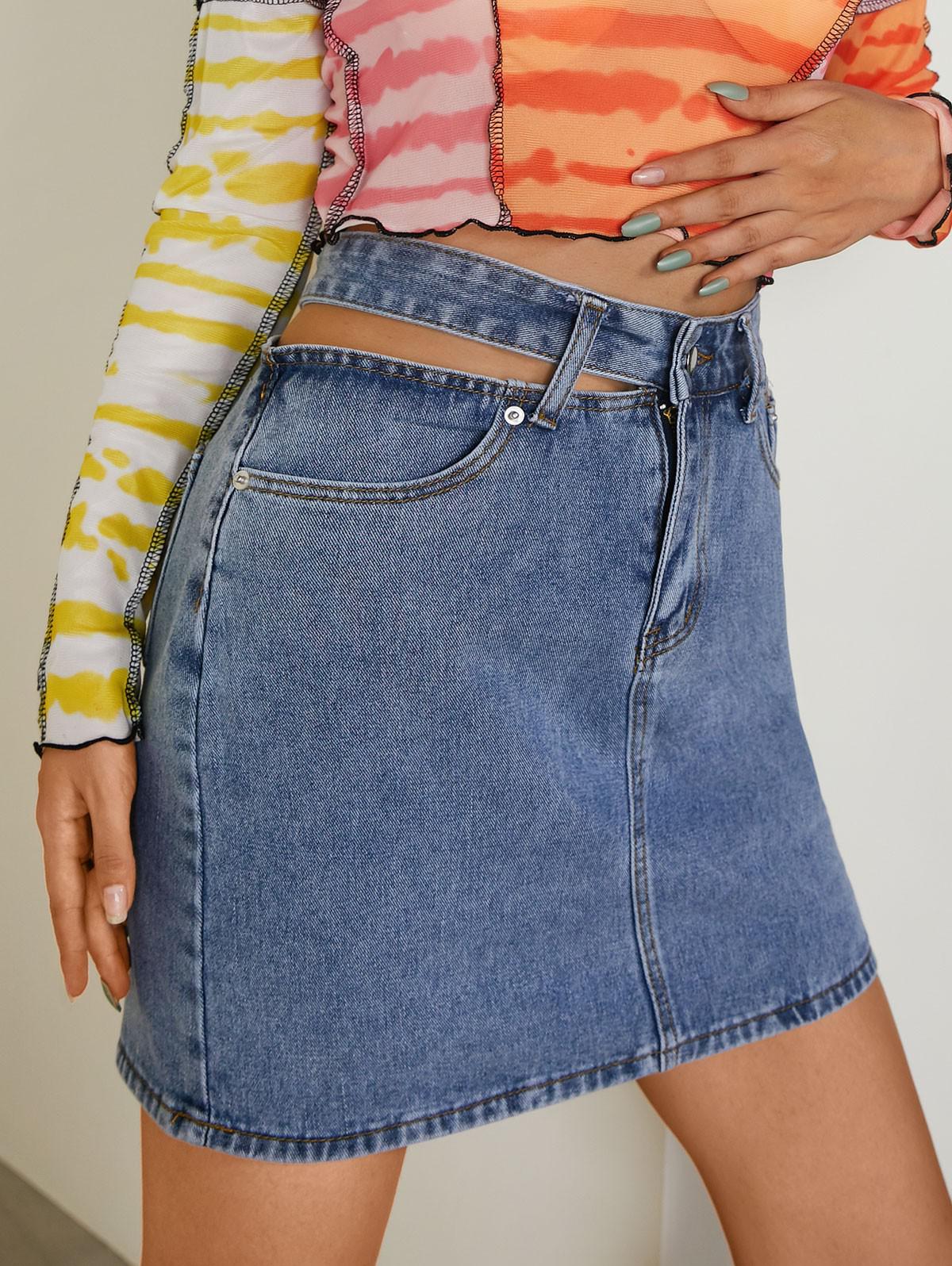 Cut Out Waist Denim Pelmet Skirt