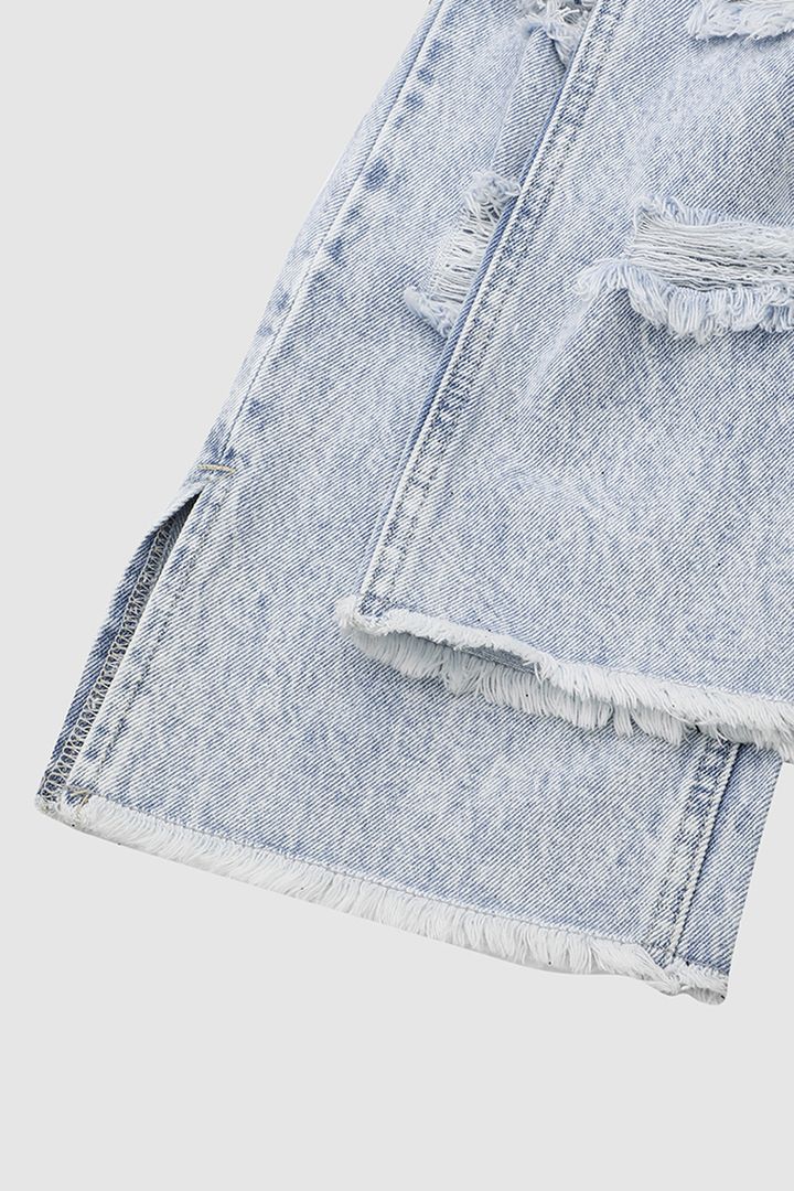 Distressed Frayed Split Hem Straight Leg Jeans