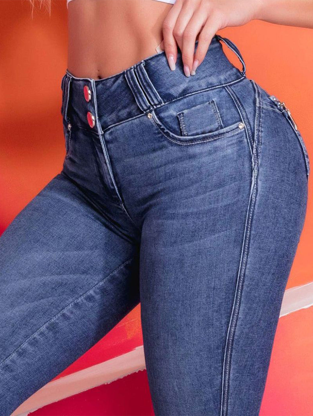 Elastic Waist Back Zip-Pocket Skinny Jeans