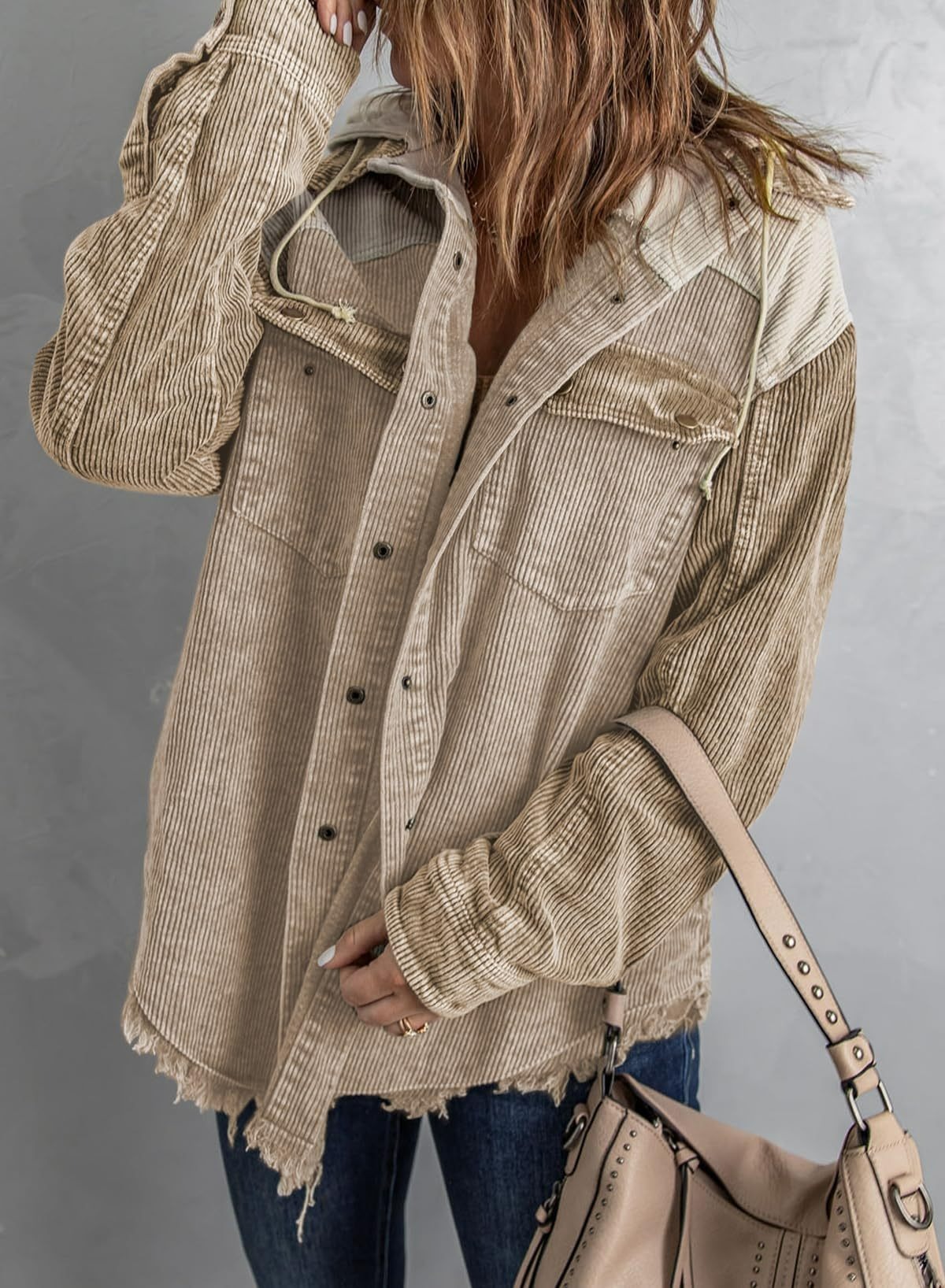 2024 Fall Long Sleeve Button Down Color Block Corduroy Hooded Jacket(BUY 2 10% OFF)