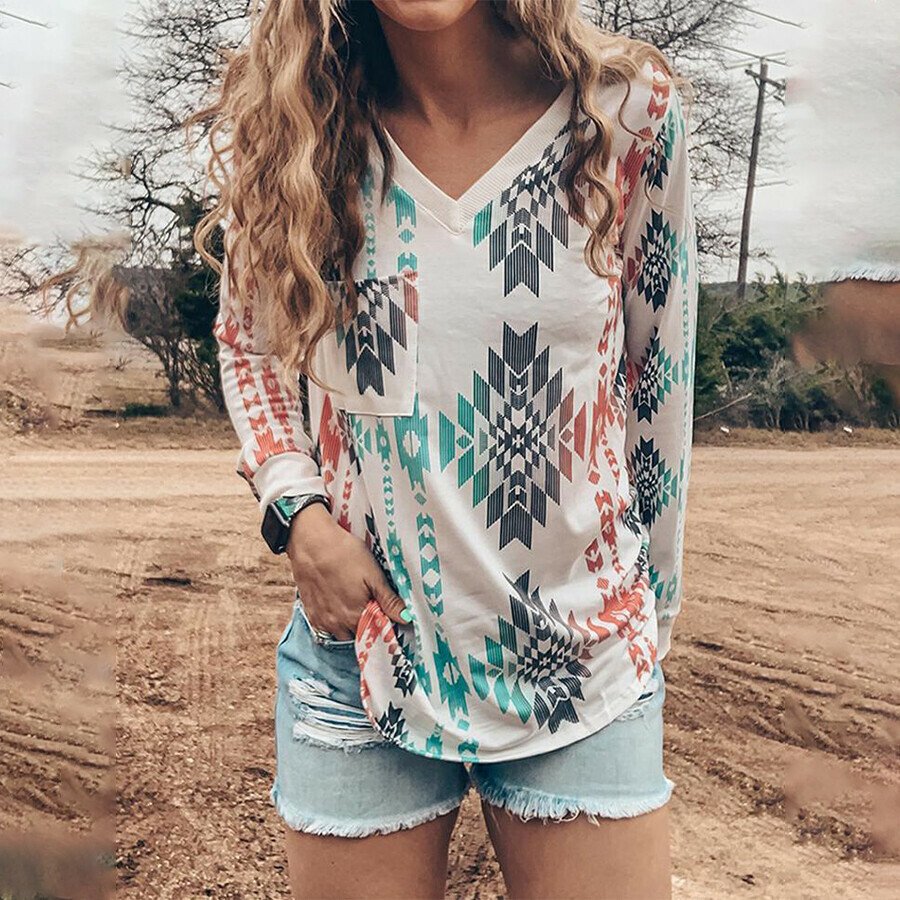 Retro Ethnic Print Long Sleeved Top