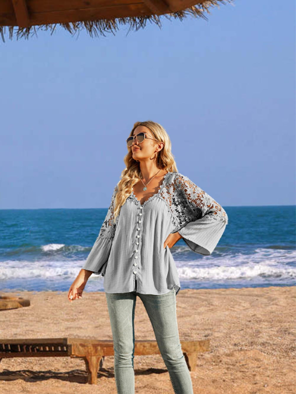 Womens Lace Crochet V Neck Long Sleeve Button Down Shirts Loose Blouses Tops