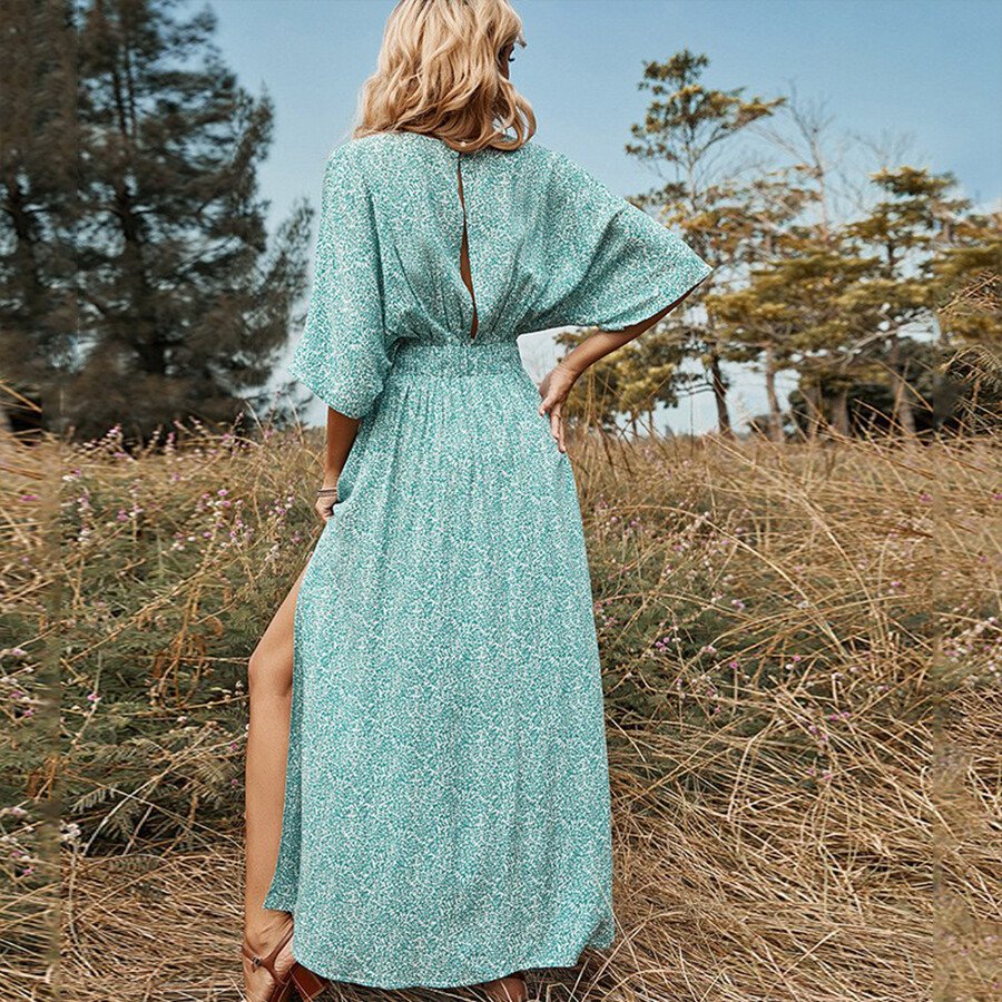 Green Floral V-Neck Mid-Sleeve Long Backless Irregular Dress