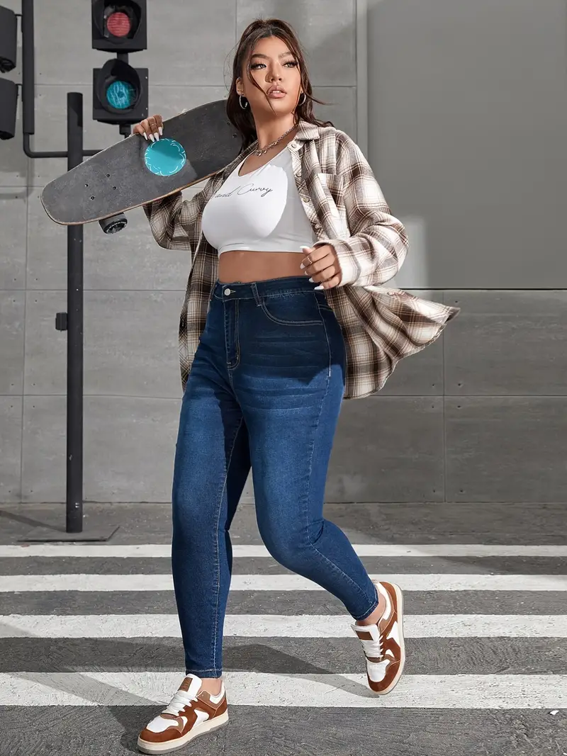 Plus Size Washed Button Up Skinny Jeans, Women's Plus High Stretch Cas