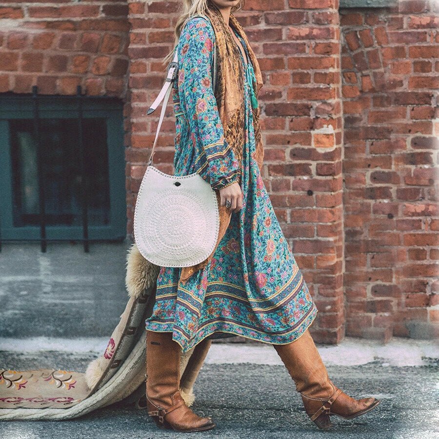 Cowgirl  Boho Printed Floral Long Sleeve Maxi Dress