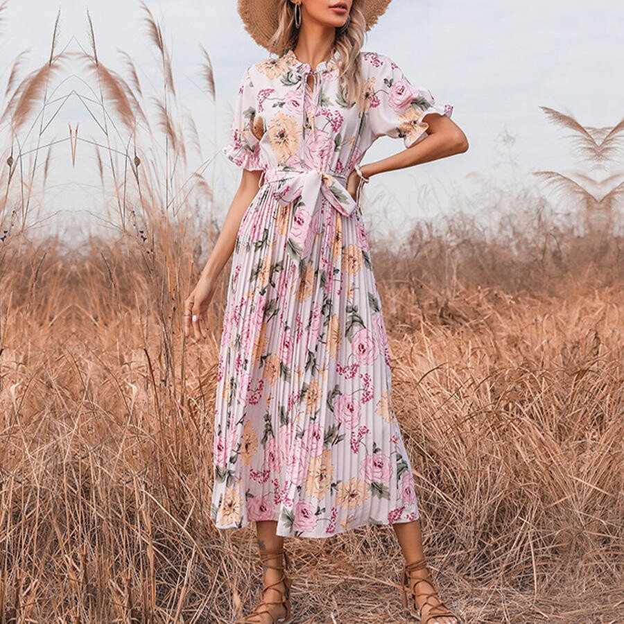 Ladies Fashion Ruffle Short Sleeve Double Drawstring Pleated Print Dress