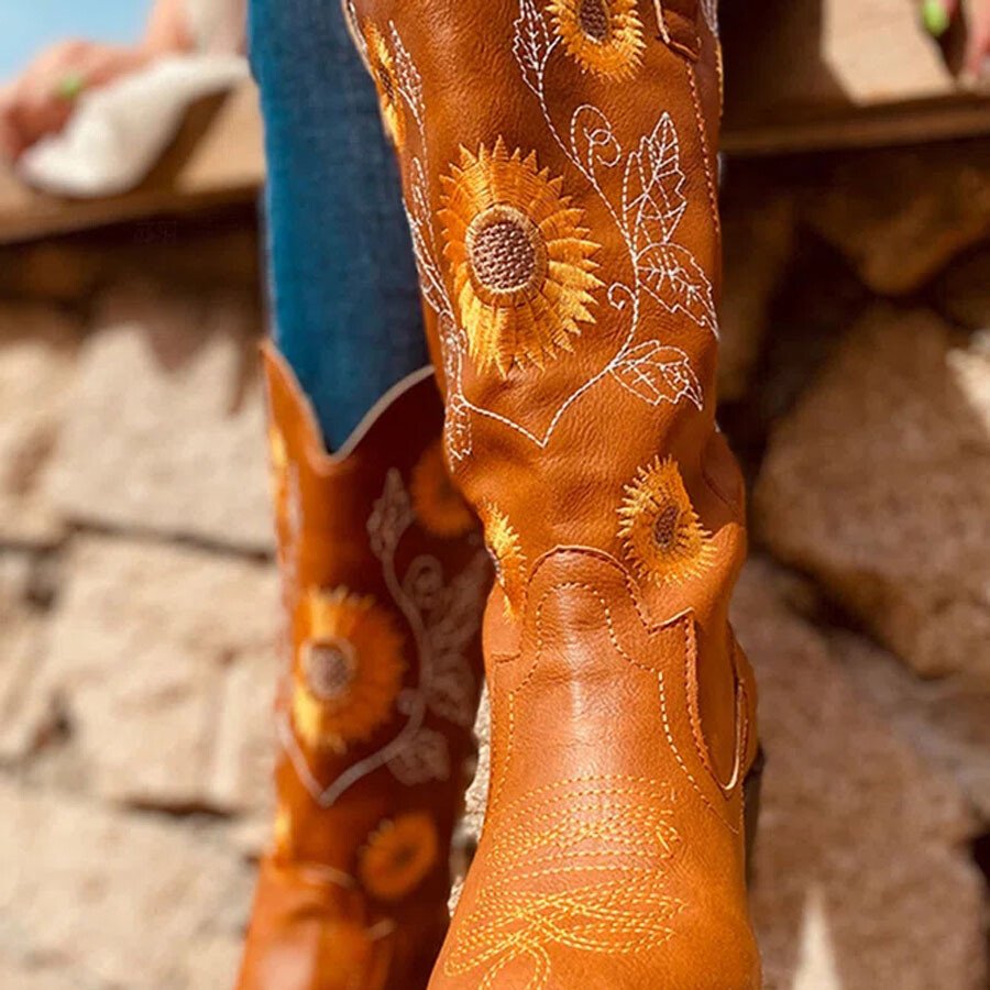 Sunflower Embroidery Western Cowboy Boots