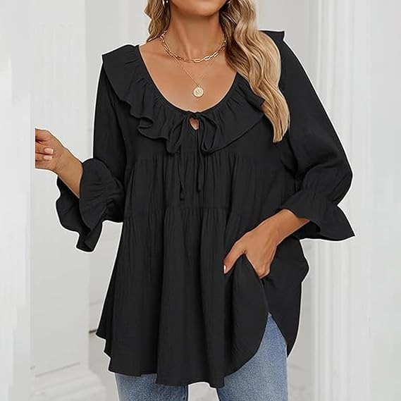 🔥HOT SALE🔥3/4 Sleeve Tee Round Neck Tie Front Layered Ruffle Shirt(BUY 2 FREE SHIPPING)