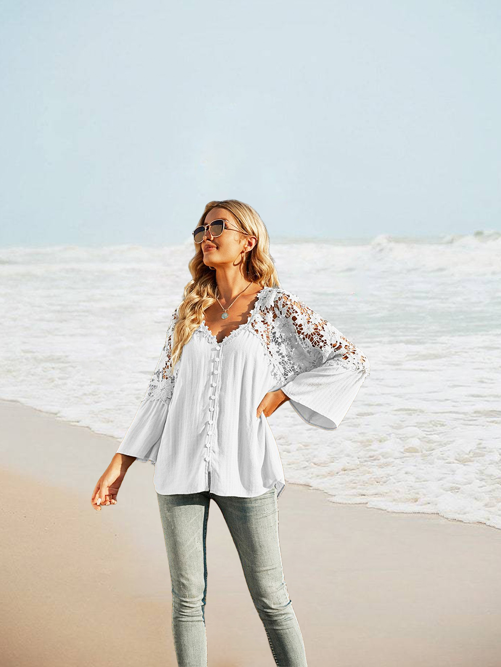 Womens Lace Crochet V Neck Long Sleeve Button Down Shirts Loose Blouses Tops