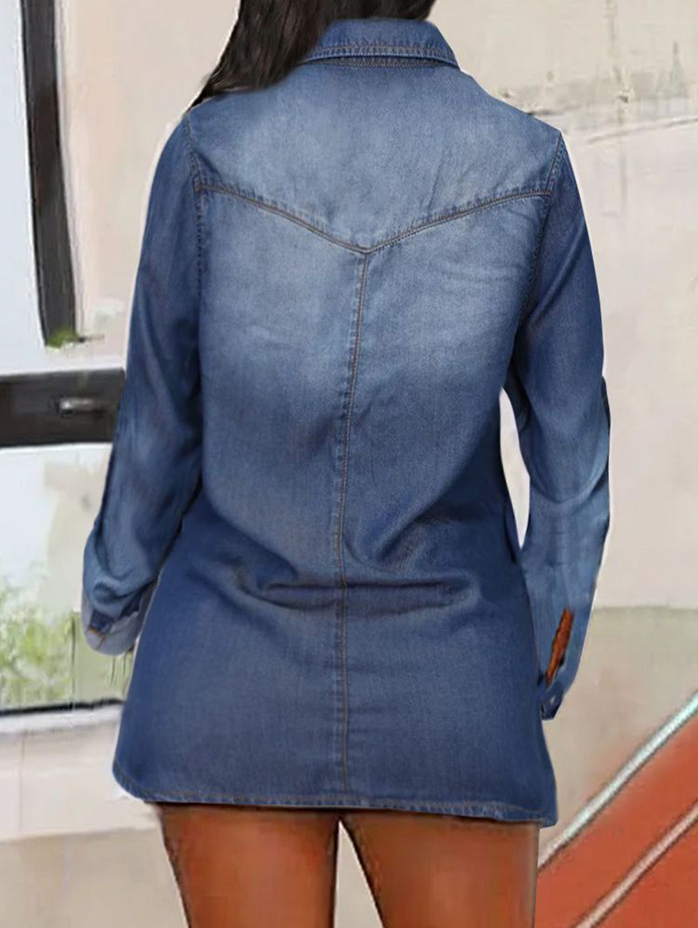 Button Up Roll Tab Sleeve Split Hem Denim Shirt