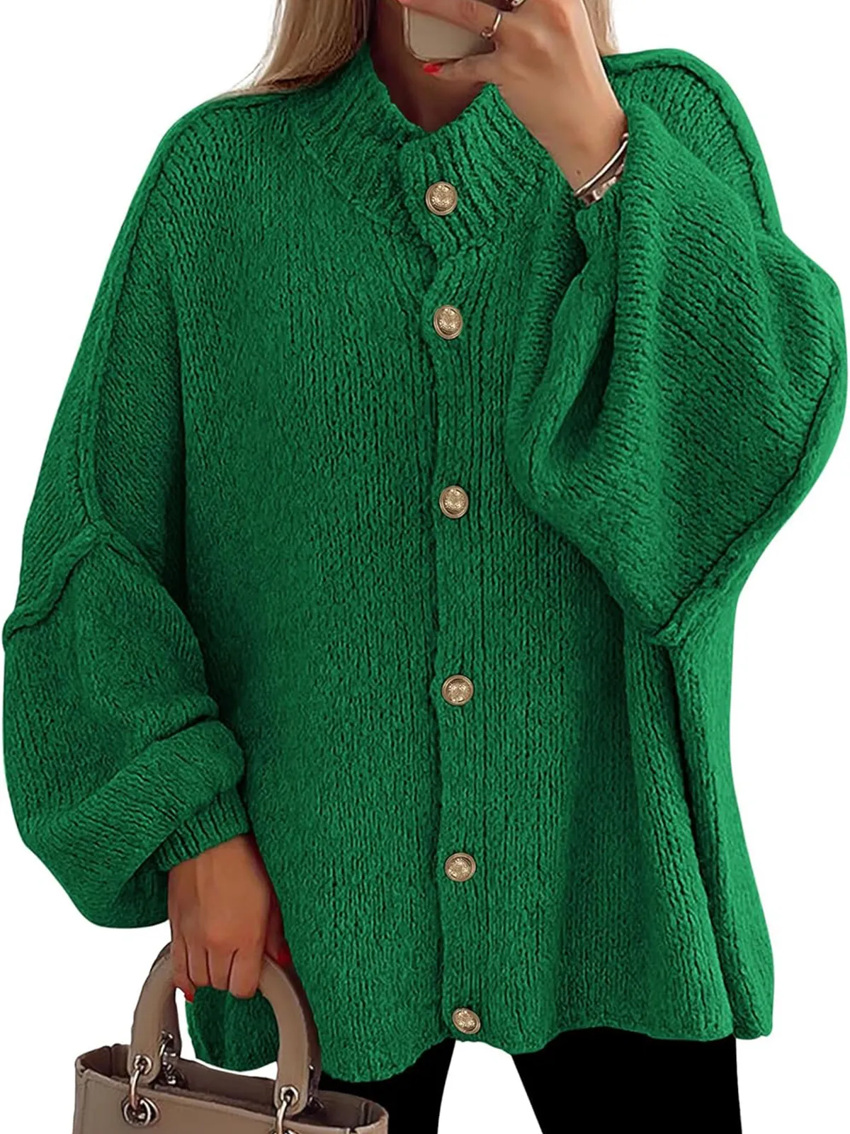 Women's Mock Neck Lantern Long Sleeve Button Down Cardigan Sweater(buy 2 free shipping)