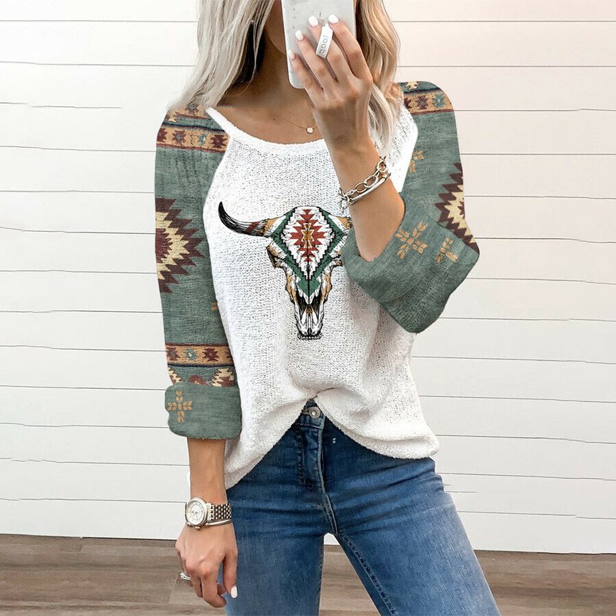 Retro Ethnic Print Long Sleeved Top