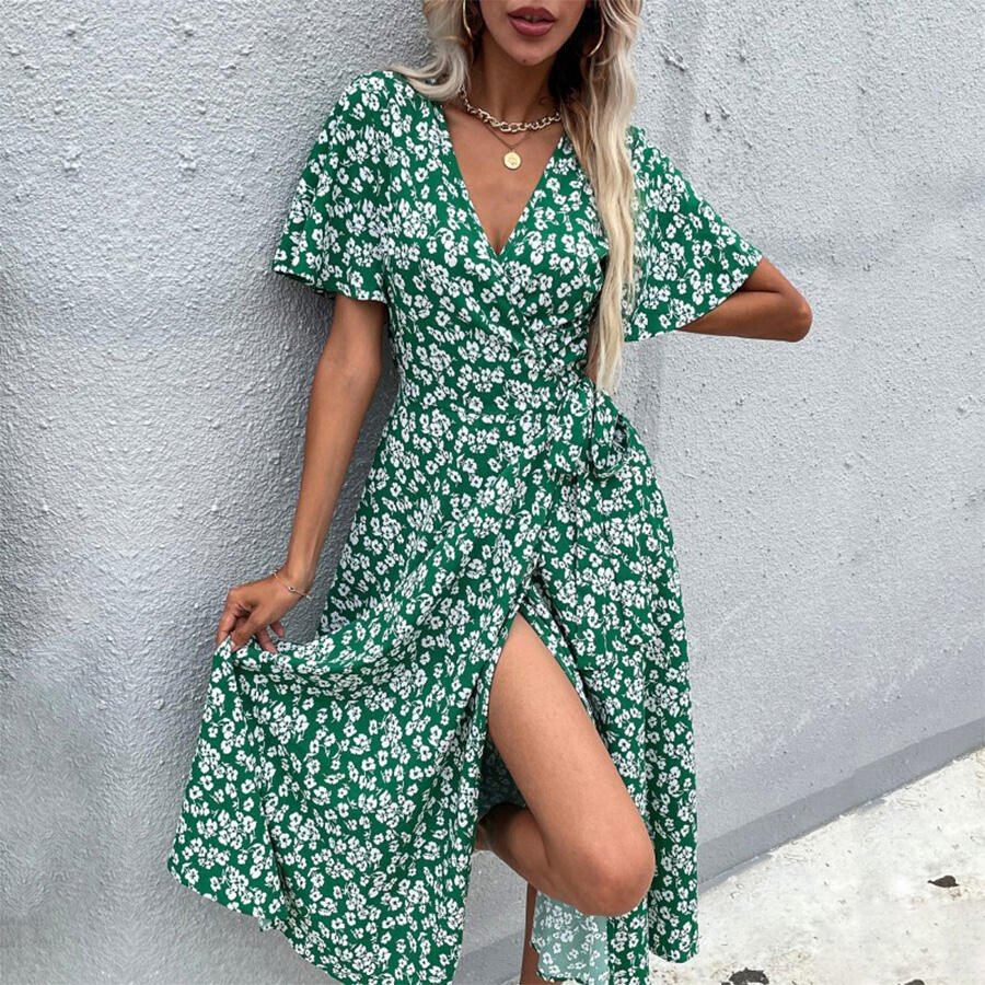 Ladies Fashion Lace Up Short Sleeve Printed V-Neck Dress
