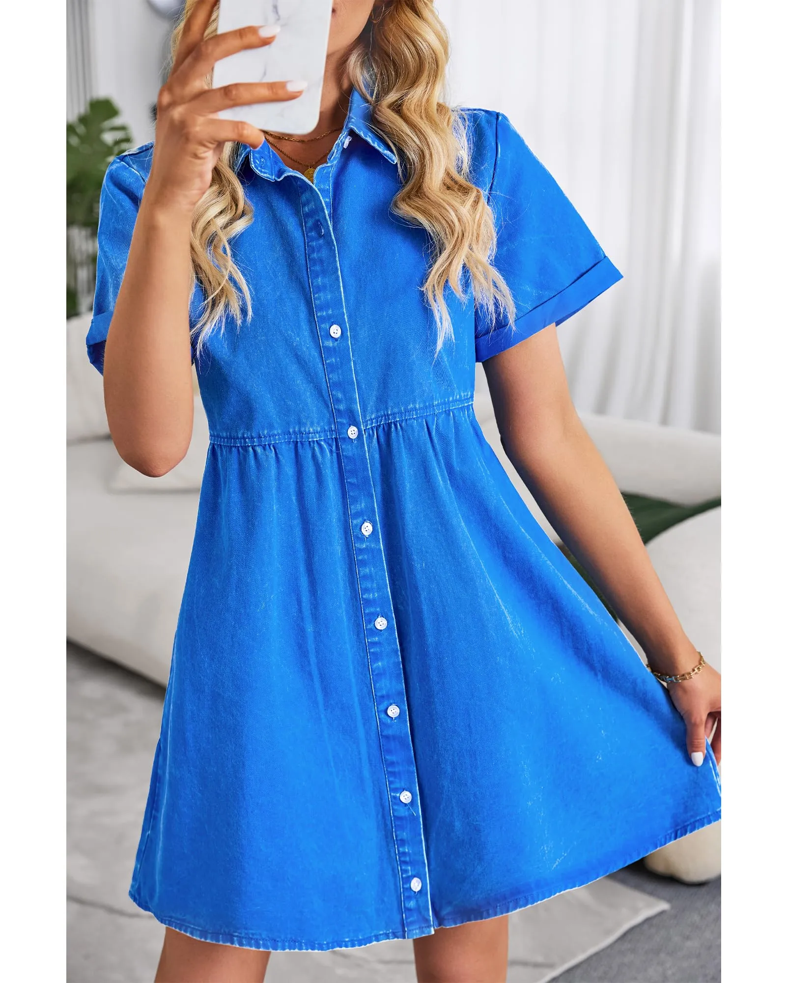 🔥🔥🔥🔥Women's Short Sleeve Button Down Flowy Tiered Babydoll Denim Dress