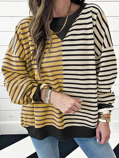 🔥🔥🔥🔥Womens Oversized Sweatshirts Striped Color Block Crewneck Sweatshirt