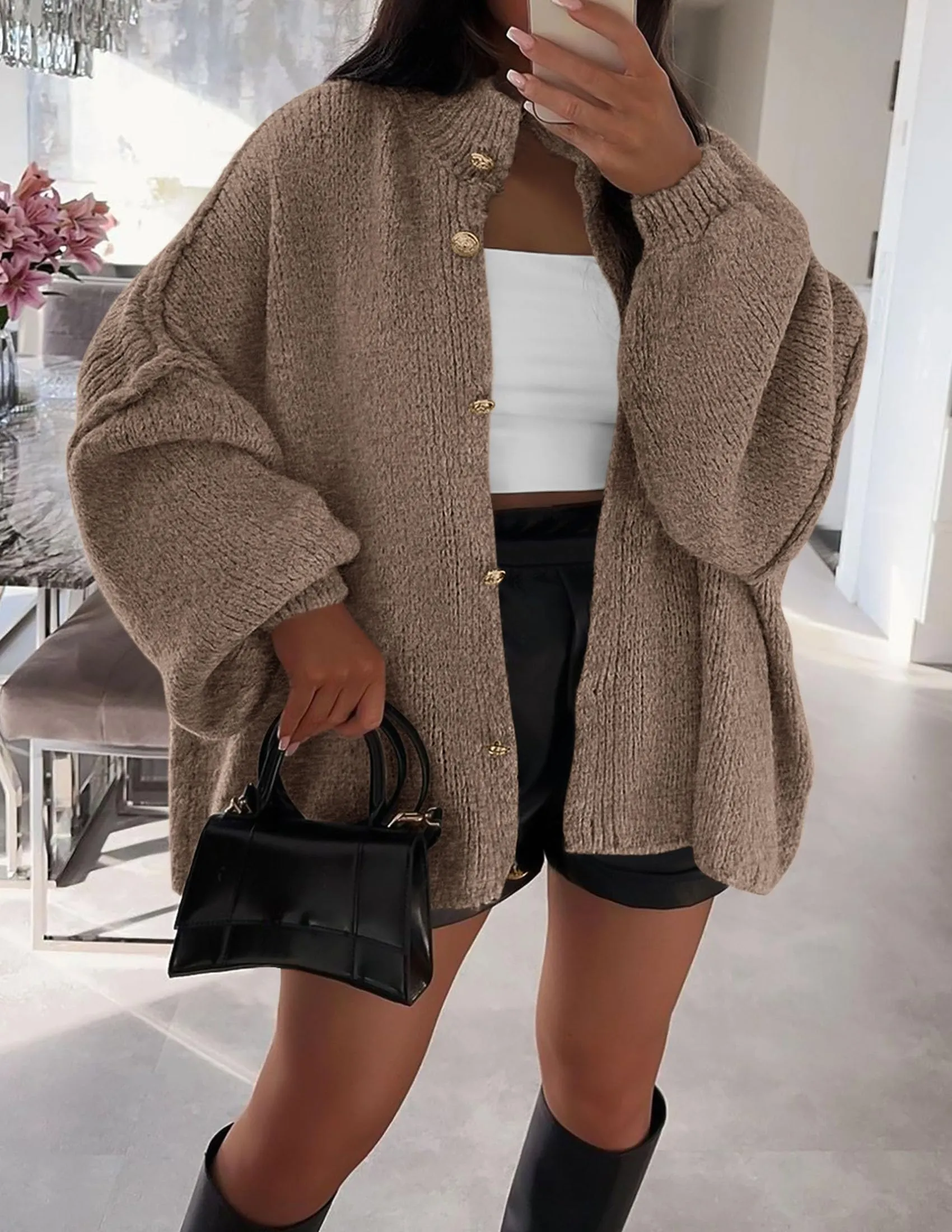 Women's Mock Neck Lantern Long Sleeve Button Down Cardigan Sweater(buy 2 free shipping)