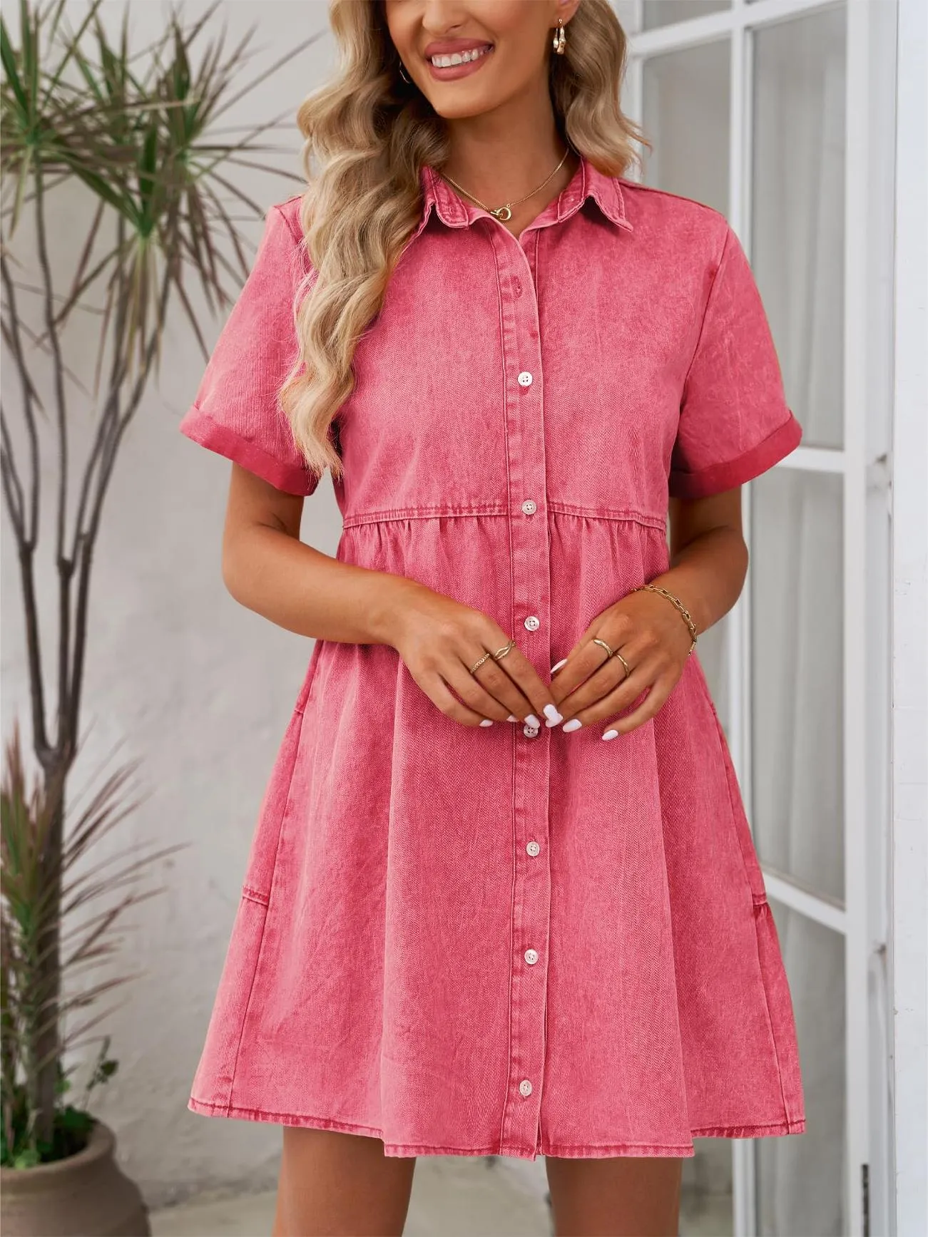 🔥🔥🔥🔥Women's Short Sleeve Button Down Flowy Tiered Babydoll Denim Dress