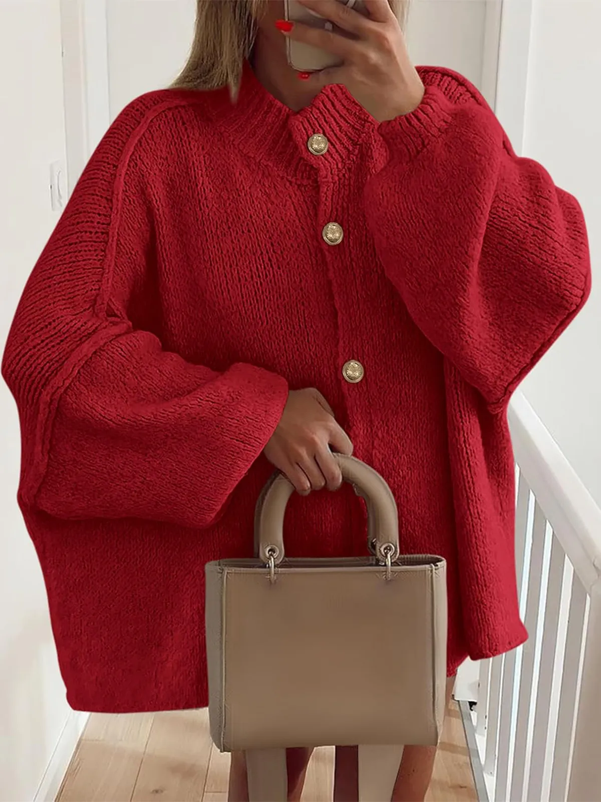 Women's Mock Neck Lantern Long Sleeve Button Down Cardigan Sweater(buy 2 free shipping)