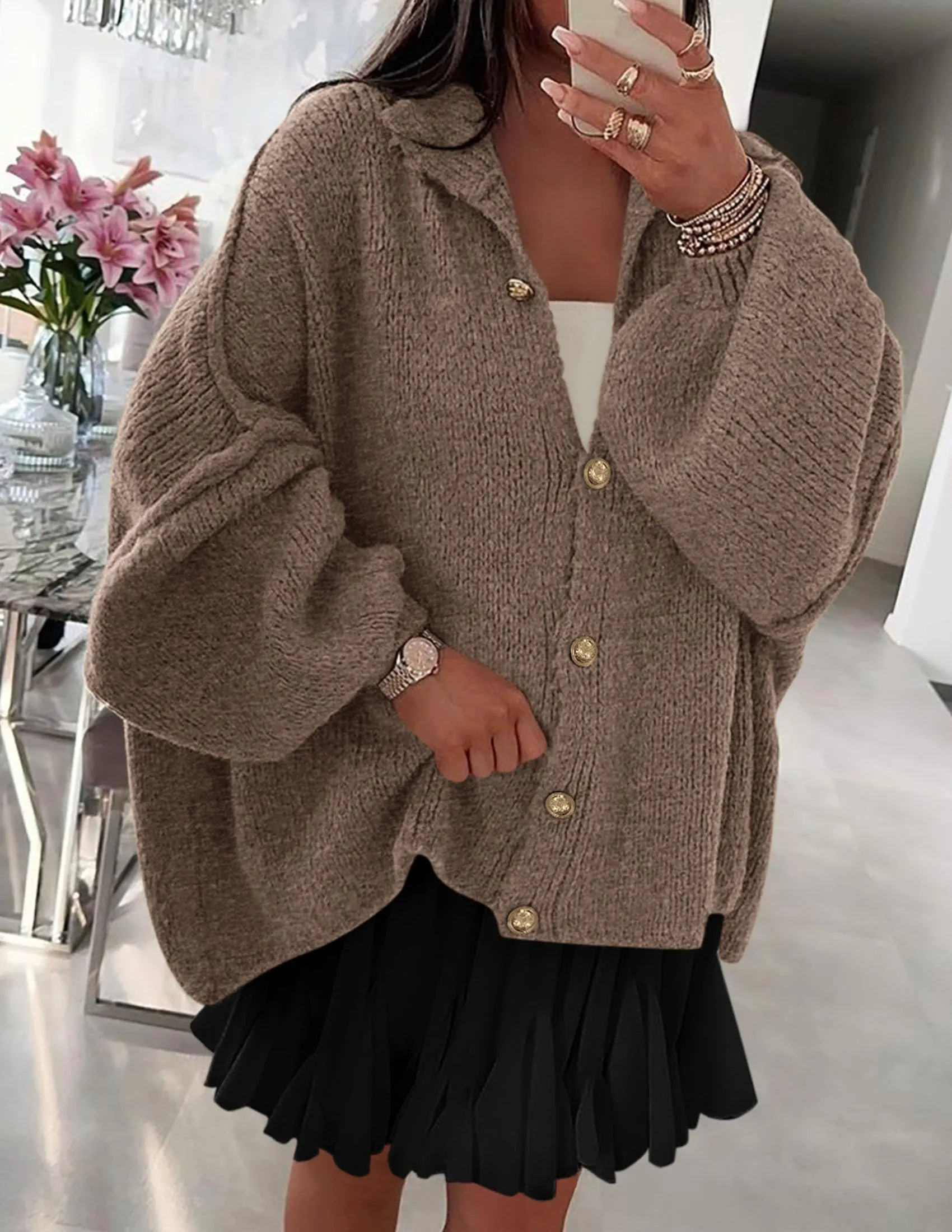 Women's Mock Neck Lantern Long Sleeve Button Down Cardigan Sweater(buy 2 free shipping)