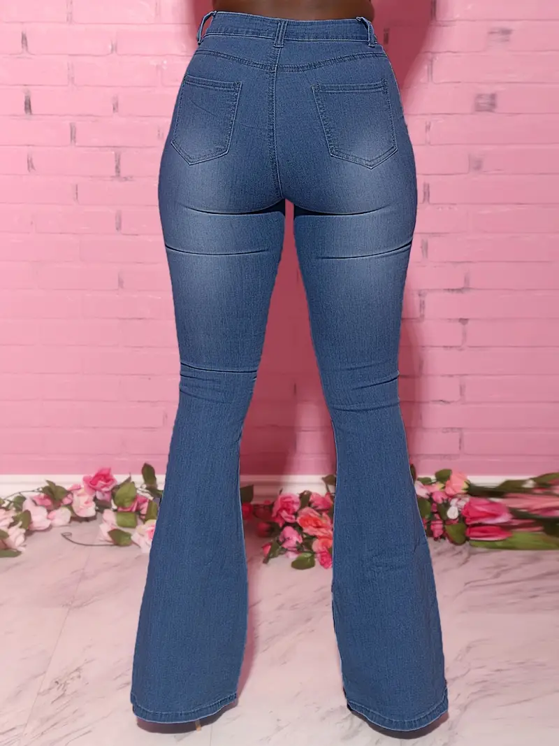 Plus Size High Waist Button Fly Flared Leg Jeans, Women's Plus Casual 