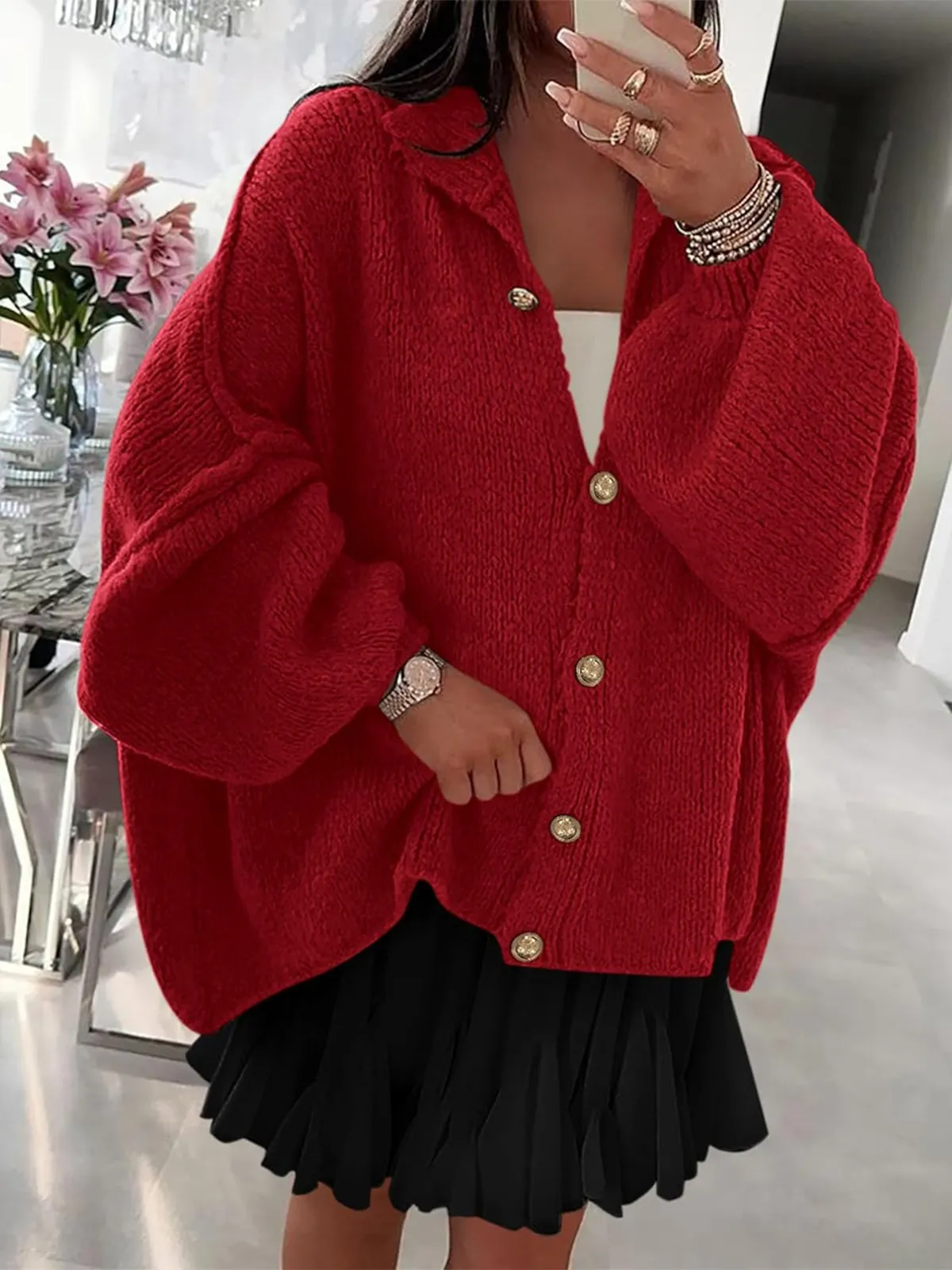 Women's Mock Neck Lantern Long Sleeve Button Down Cardigan Sweater(buy 2 free shipping)