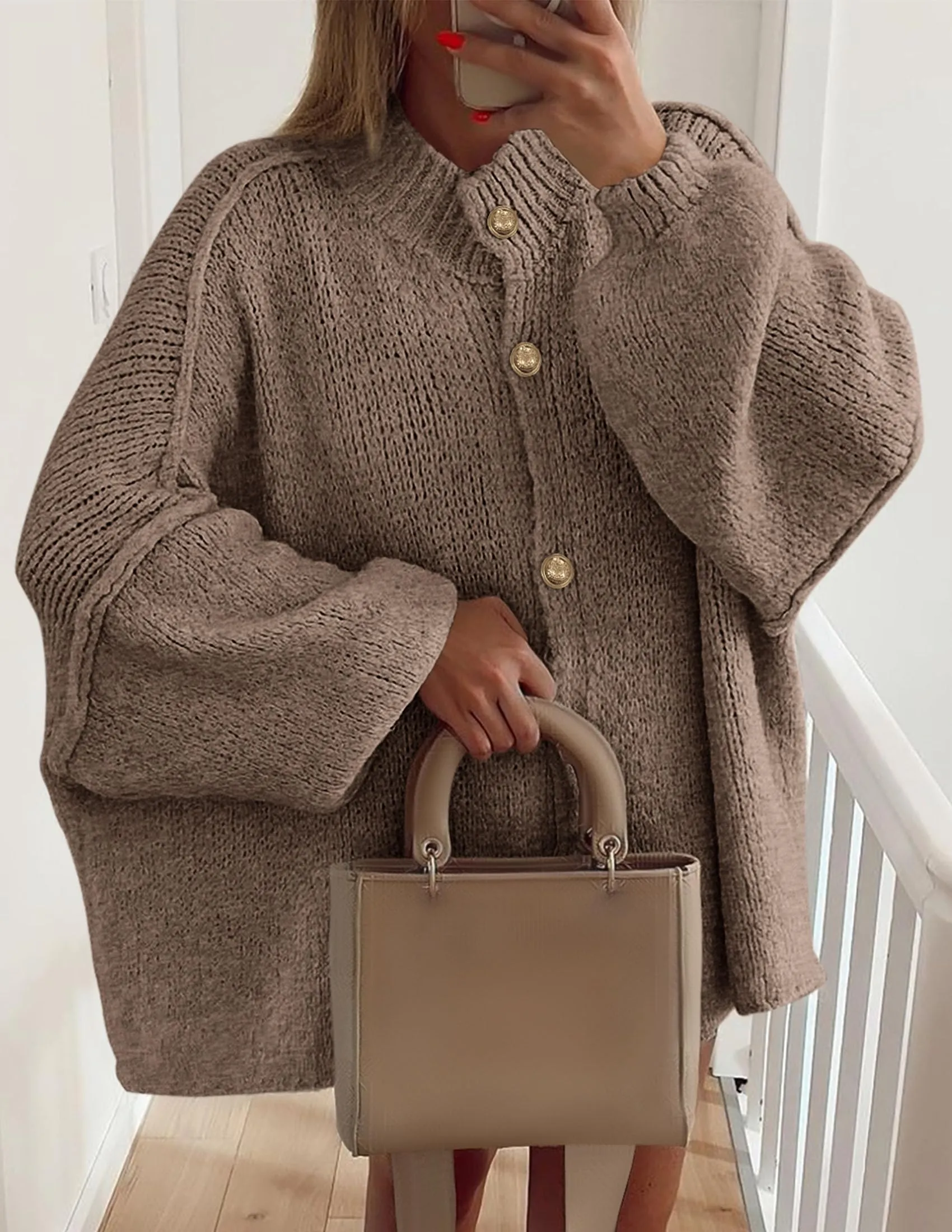 Women's Mock Neck Lantern Long Sleeve Button Down Cardigan Sweater(buy 2 free shipping)