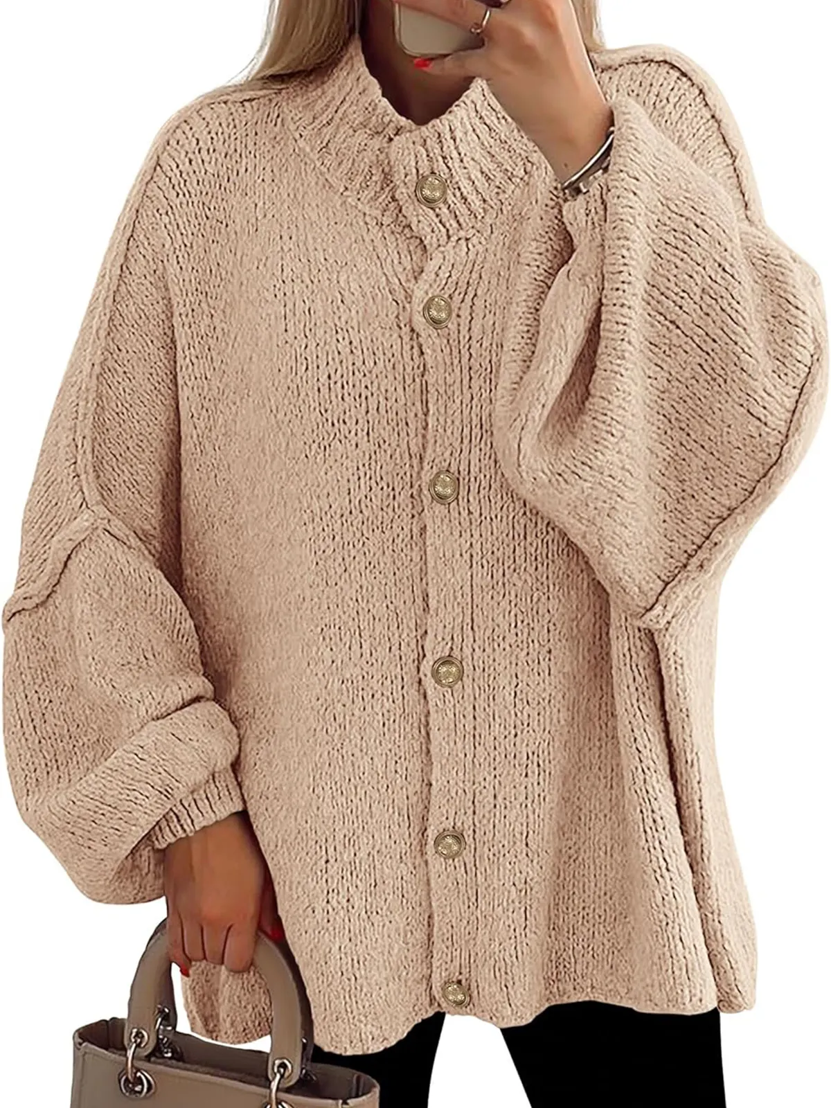 Women's Mock Neck Lantern Long Sleeve Button Down Cardigan Sweater(buy 2 free shipping)