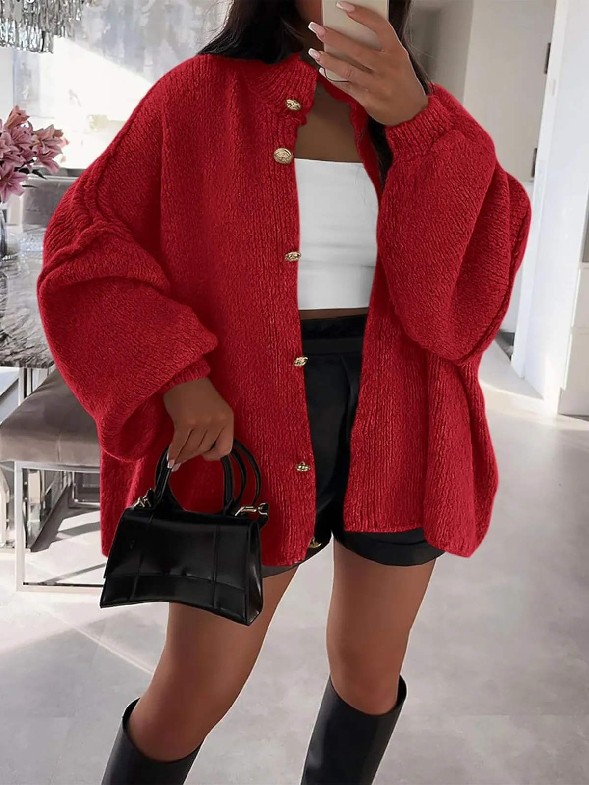 Women's Mock Neck Lantern Long Sleeve Button Down Cardigan Sweater(buy 2 free shipping)