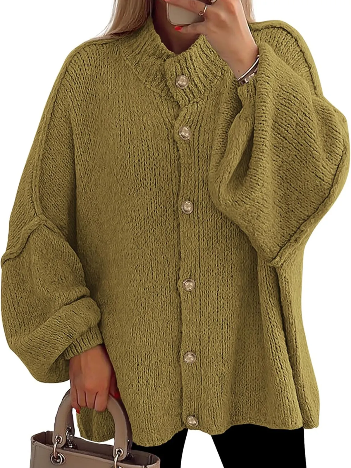 Women's Mock Neck Lantern Long Sleeve Button Down Cardigan Sweater(buy 2 free shipping)