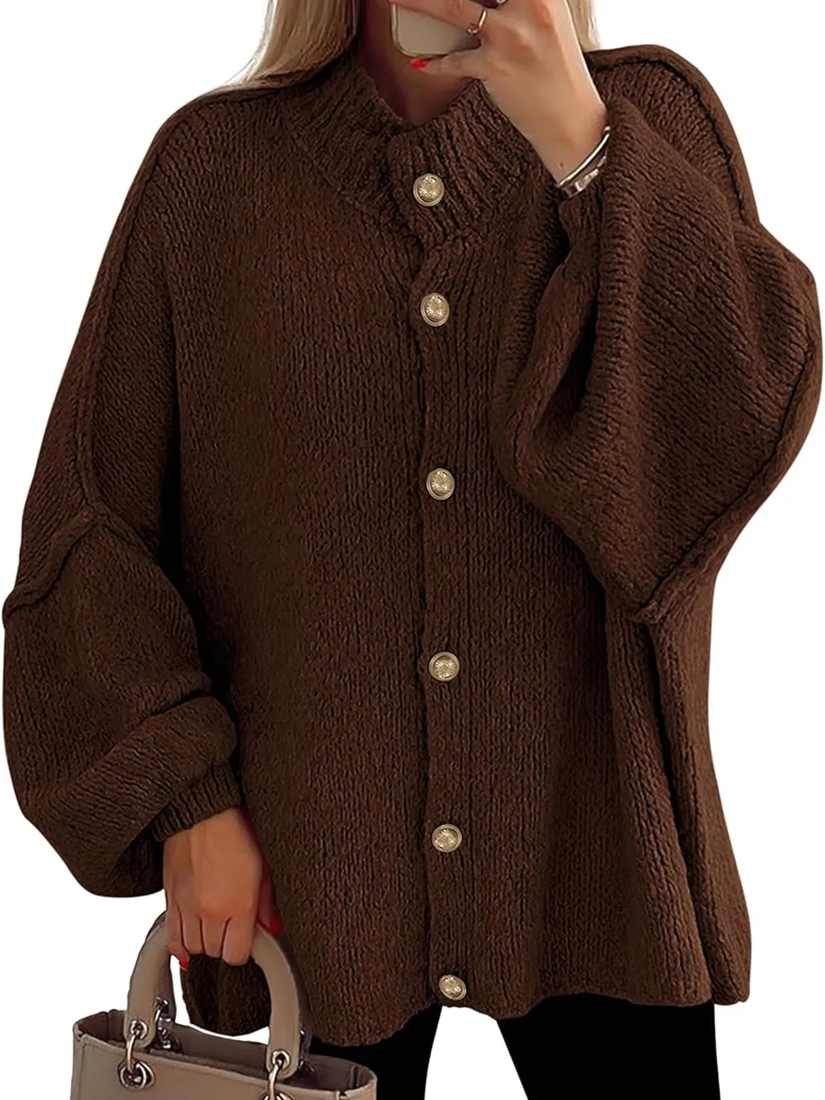 Women's Mock Neck Lantern Long Sleeve Button Down Cardigan Sweater(buy 2 free shipping)