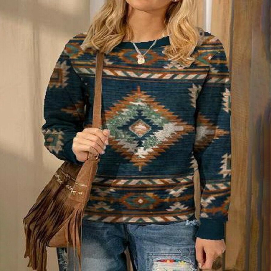 Western Ethnic Print Long Sleeve Sweater