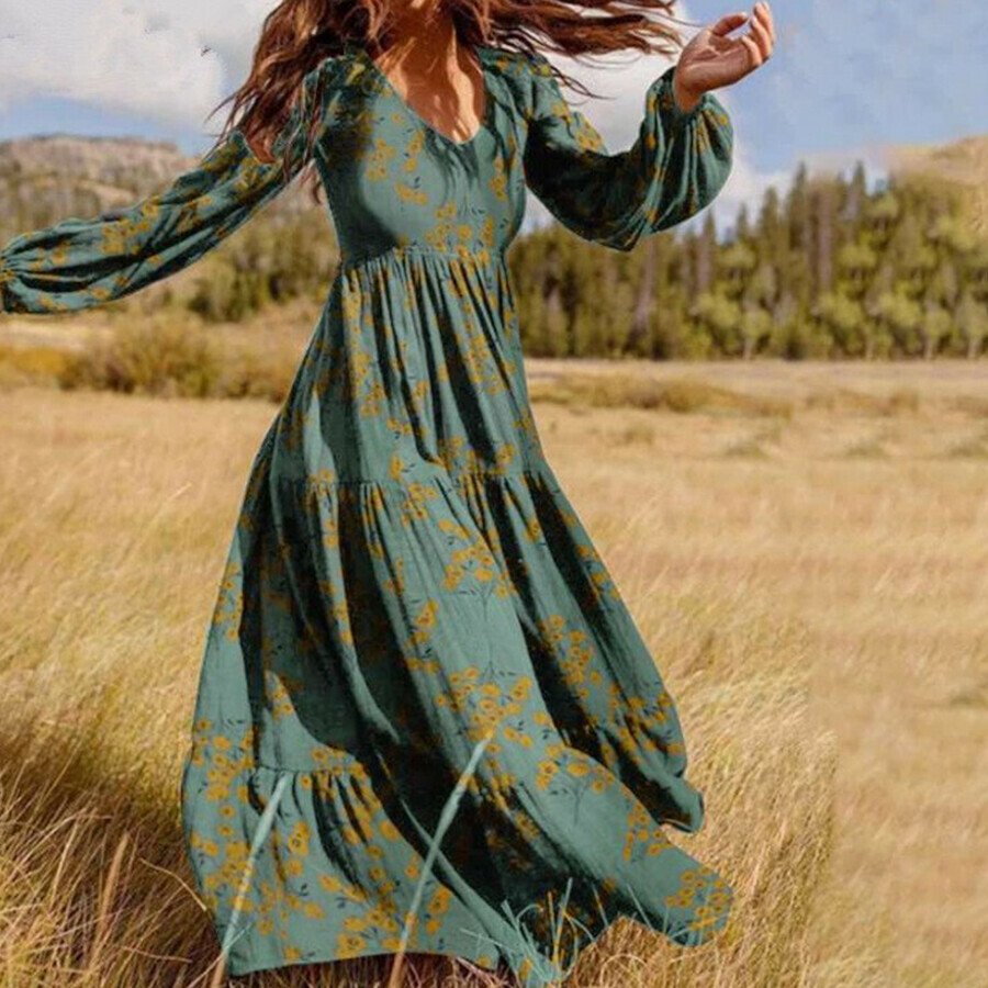 Floral Long Sleeve V-Neck Dress
