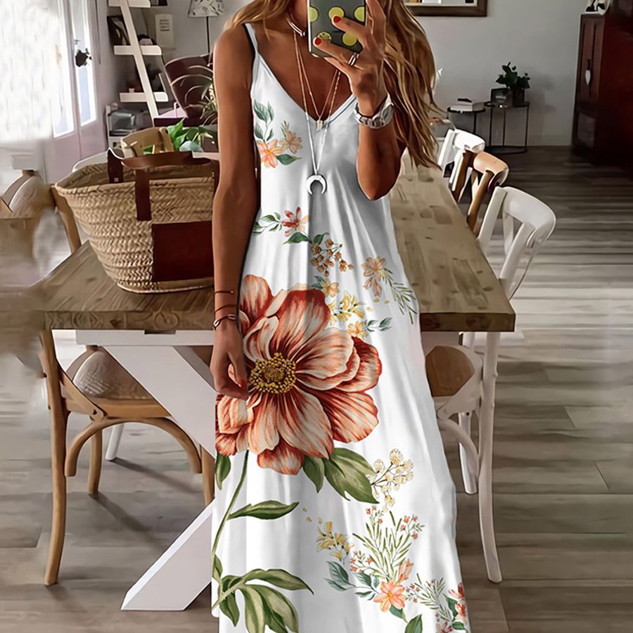 Women's Sleeveless Slim Fit Floral Print Low Cut V-Neck Sling Dress