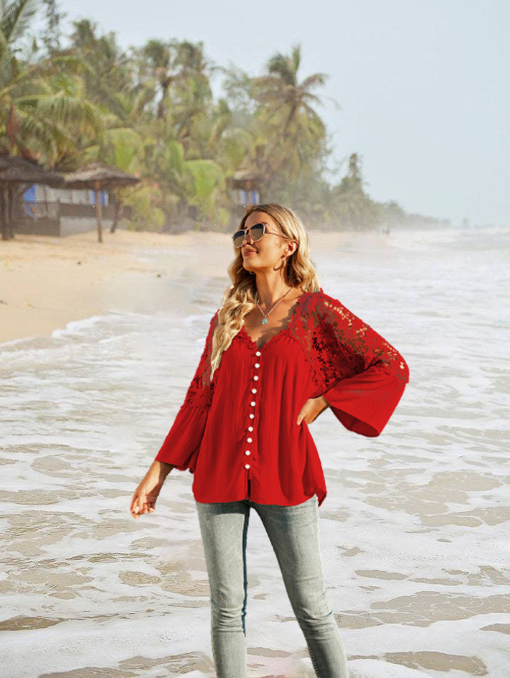 Womens Lace Crochet V Neck Long Sleeve Button Down Shirts Loose Blouses Tops