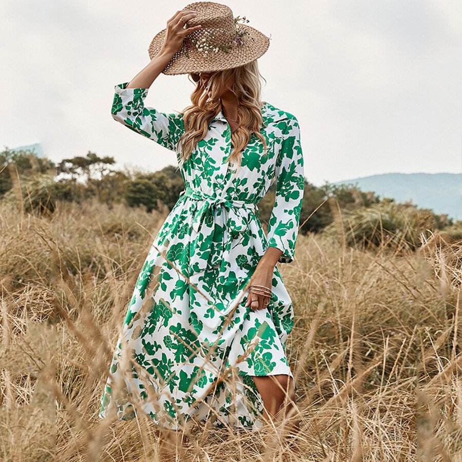 Casual Cropped-Sleeve Print Dress