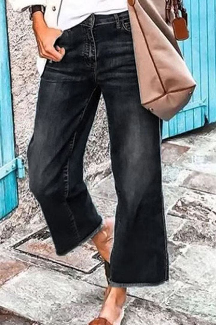 Washed Raw Hem Mid Waist Straight Leg Jeans