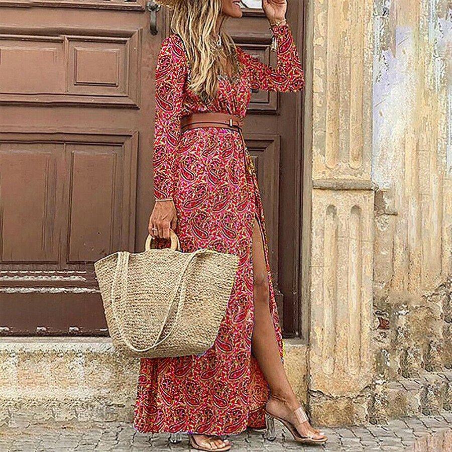 Autumn Winter Long Sleeve V-Neck Bohemian Floral Dress