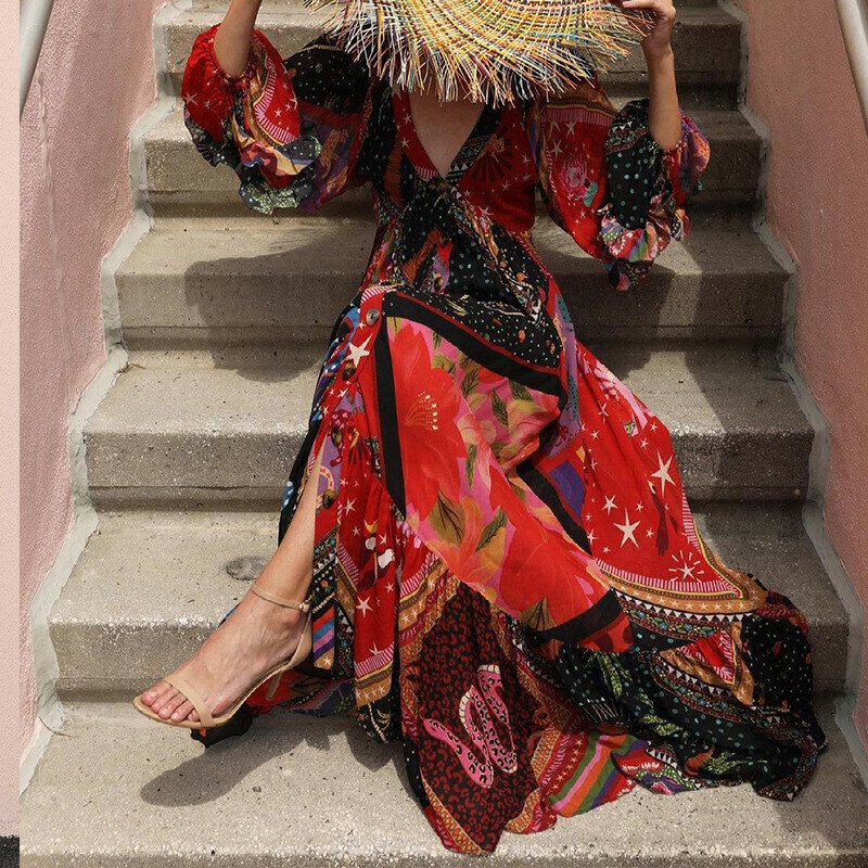 Printed Bohemian V-Neck Long Sleeve Dress