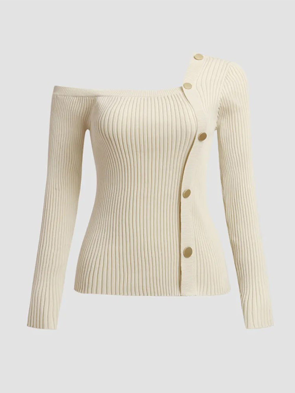 Rib-Knit Button Front Off Shoulder Sweater