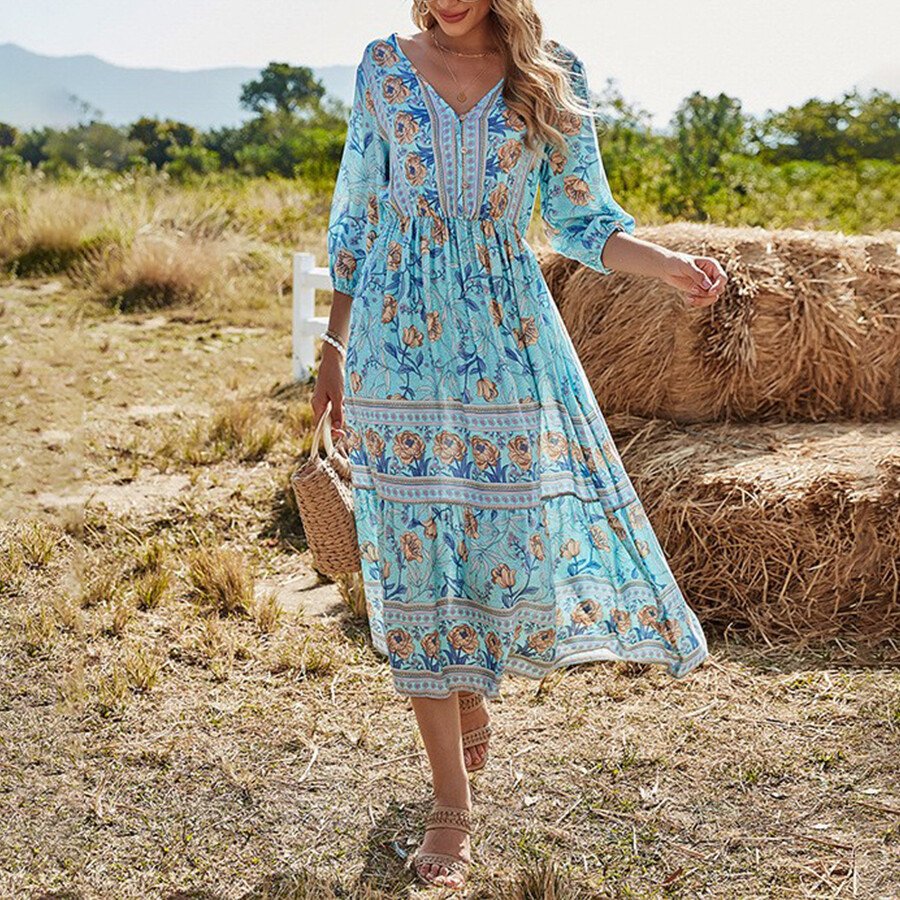 V-Neck High-Rise Bohemian Dress
