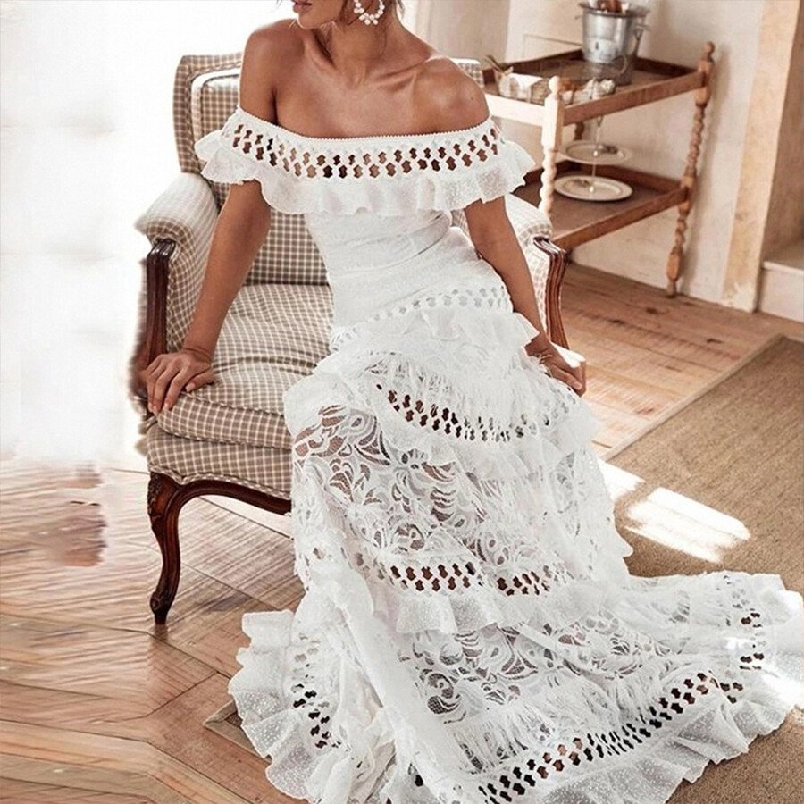 Off Shoulder Short Sleeve Bohemian Wedding Dress