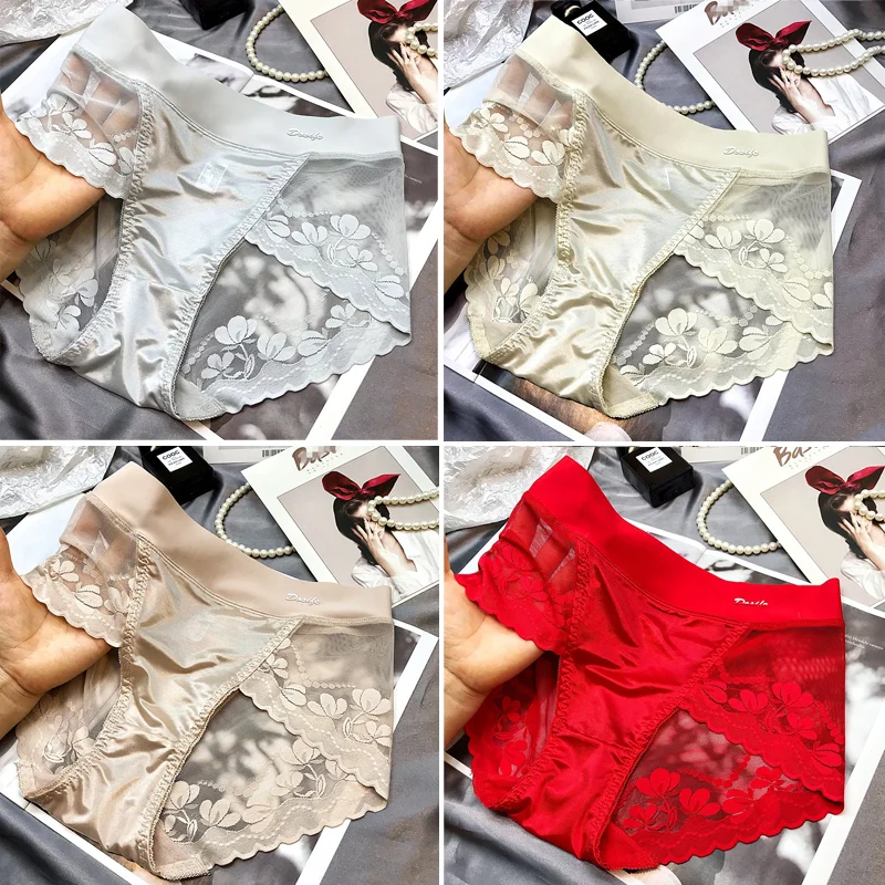 END SATIN LIGHT LUXURY LACE BREATHABLE MESH COTTON BRIEFS(PRIVATE DELIVERY)