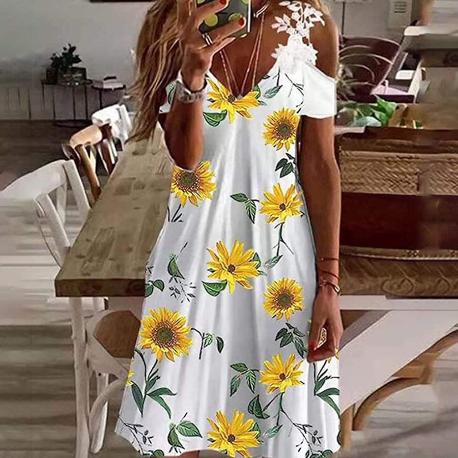 Ladies Lace V-Neck Off-Shoulder Print Dress