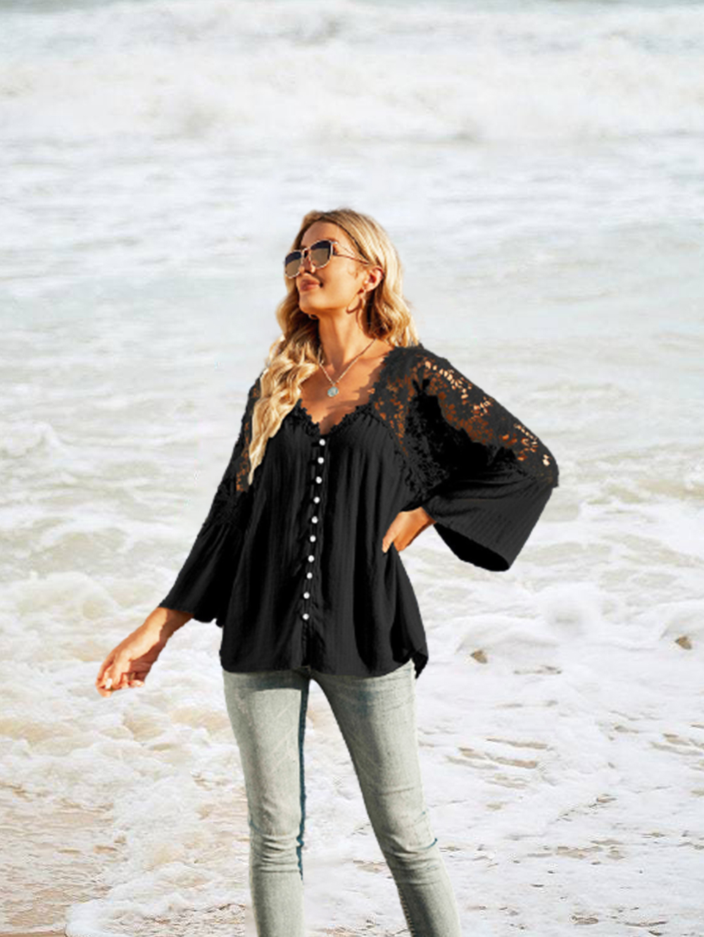 Womens Lace Crochet V Neck Long Sleeve Button Down Shirts Loose Blouses Tops