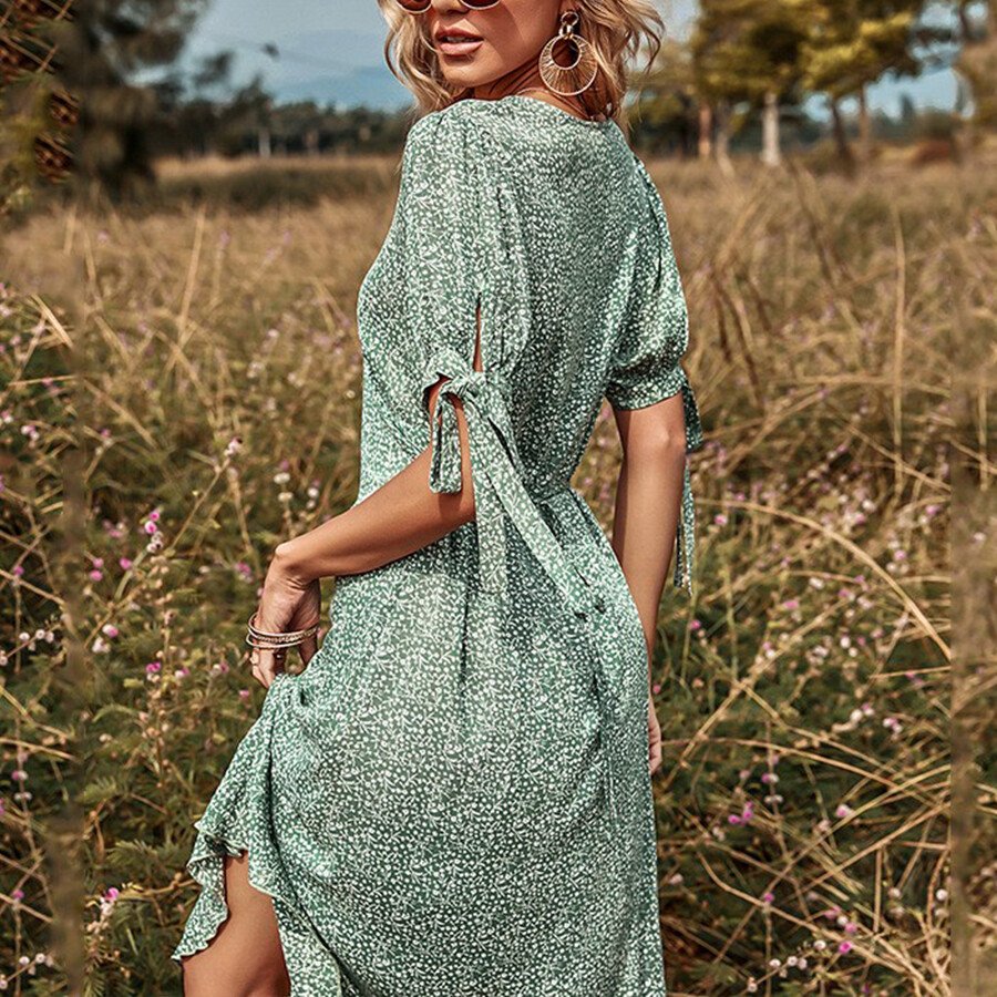 V-Neck Mid-Sleeve Bow High-Rise Green Dress